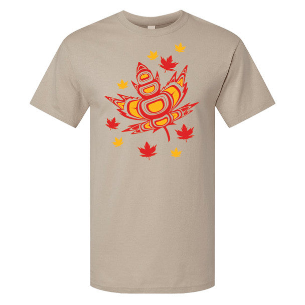 Beige t-shirt with a colorful native maple leaf graphic design on a white background