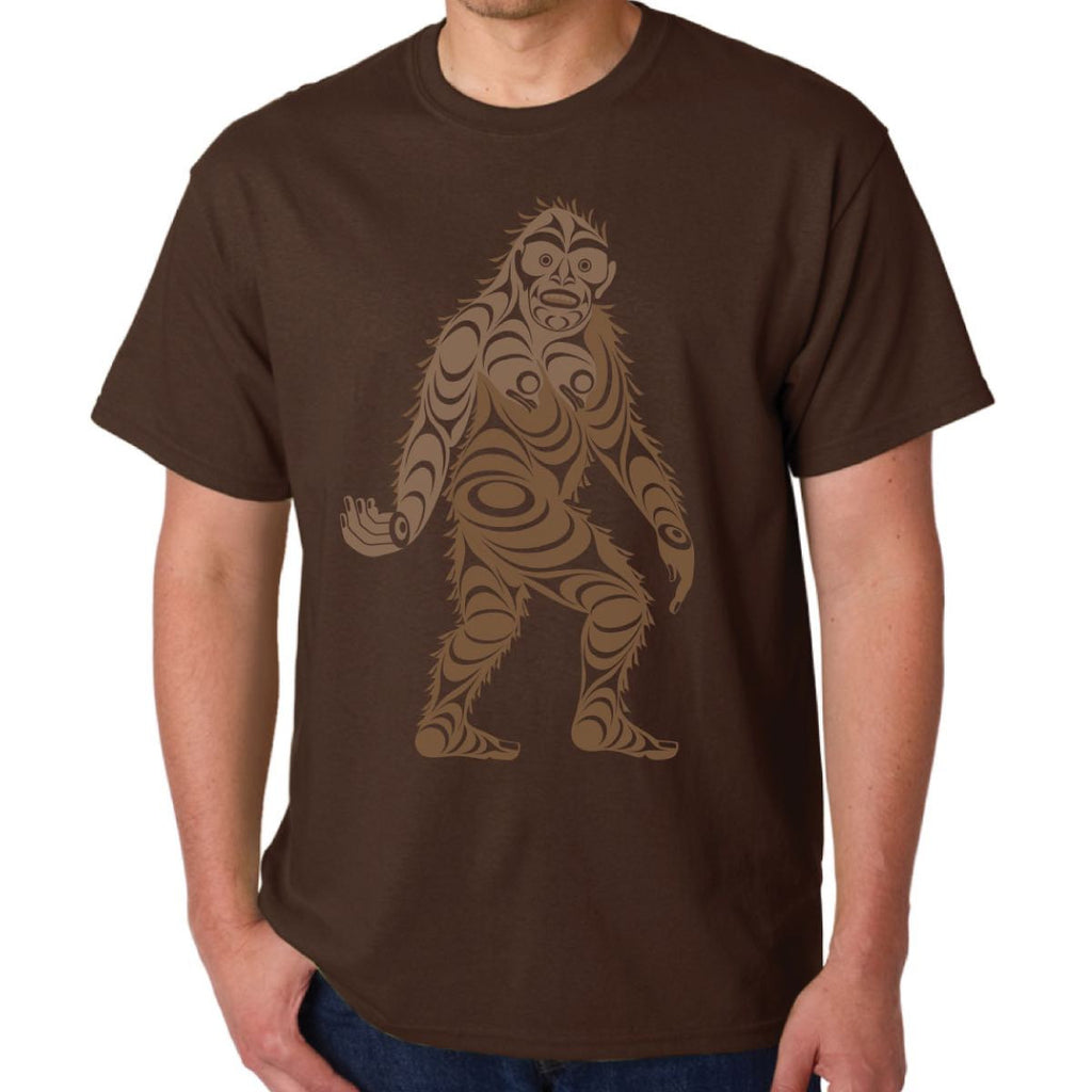 Brown t-shirt with a Sasquatch graphic on a white background