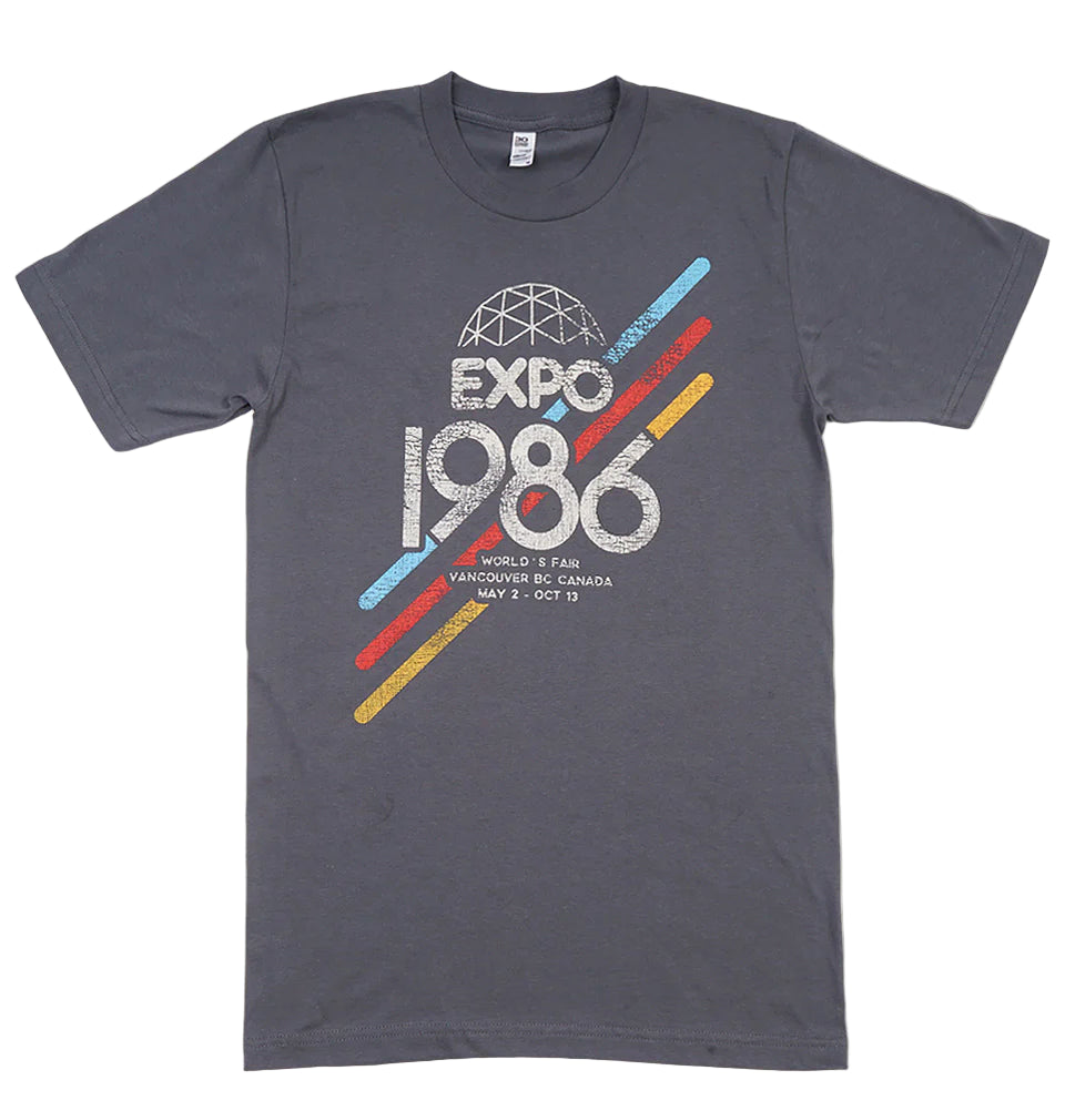 Gray t-shirt with Expo 1986 graphic design on a beige background