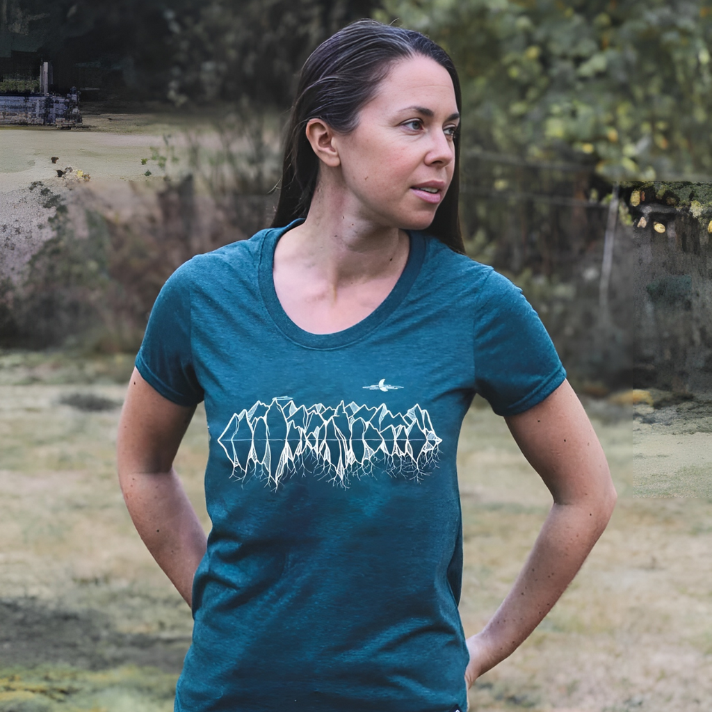 Women's T-Shirt - Kindred Coast - Mountain Roots by Heather Green - Cotton - Made In Canada - All Good Things From BC - Blue - Ladies - Graphic Tee