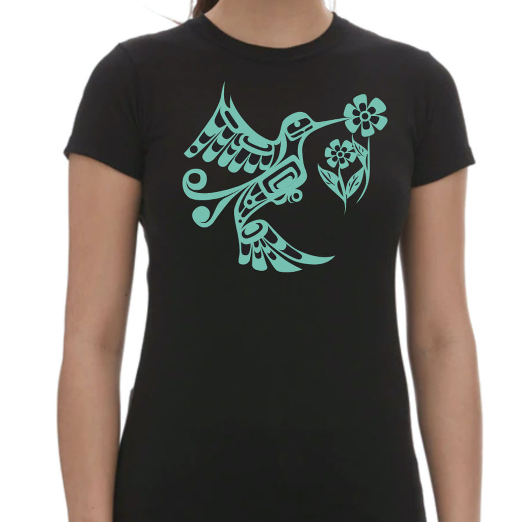 Women's T-Shirt - Hummingbird by Francis Dick-T-Shirt-Native Northwest-[best womens cotton t-shirt]-[native design ladies t-shirt]-[best ladies tees bc canada]-All The Good Things From BC