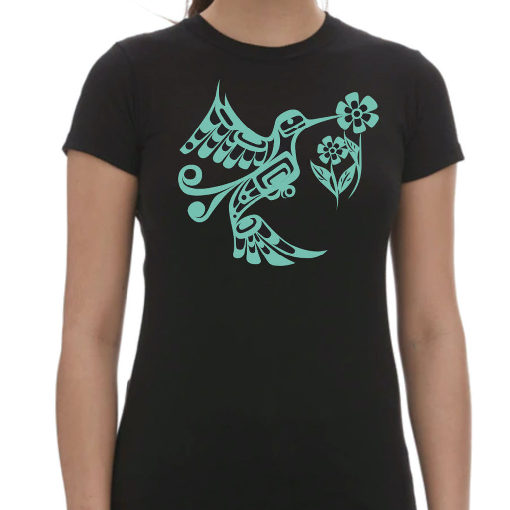 Women's T-Shirt - Hummingbird by Francis Dick - Native Northwest - Ladies - Graphic Tee - All The Good Things From BC - Black - Blue - Kwakwaka’wakw