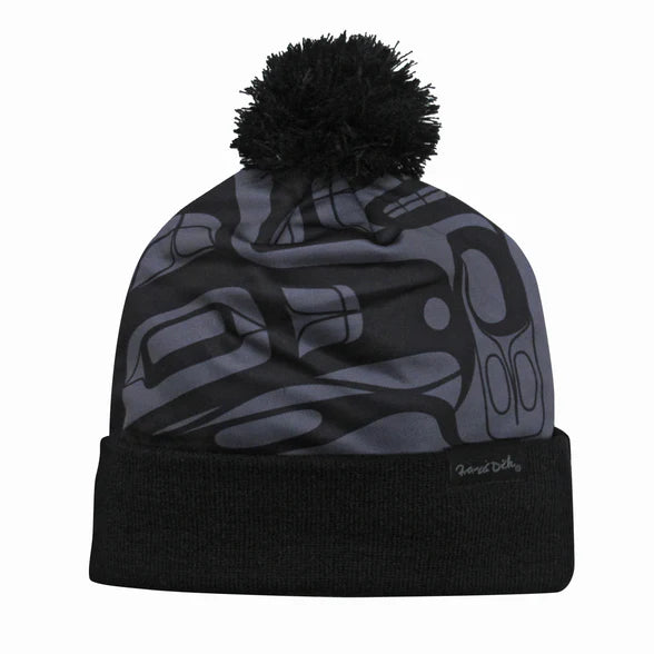 Tuque with Pom Pom- Eagle Freedom by Francis Dick - Winter Hat - Toque -Oscardo - Unisex - Native Design - Designed in Canada - All The Good Things From BC - Kwakwaka’wakw - Warm - Heat Retention - Black - Grey