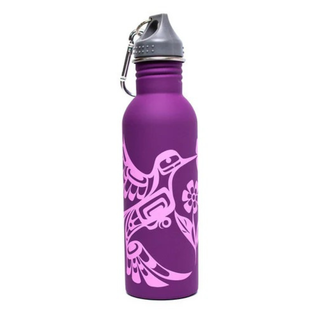 Purple water bottle with a hummingbird design on a white background