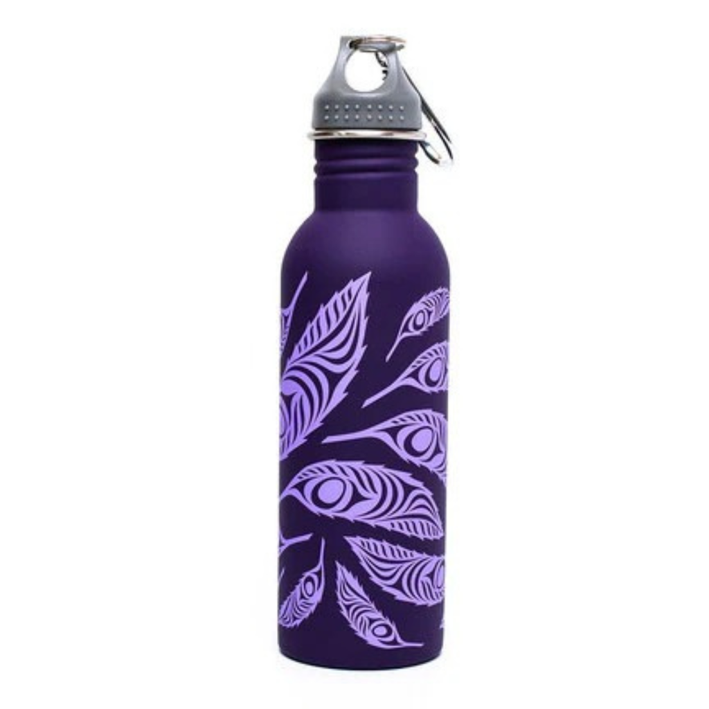 Purple water bottle with a pink feathrer pattern on a white background