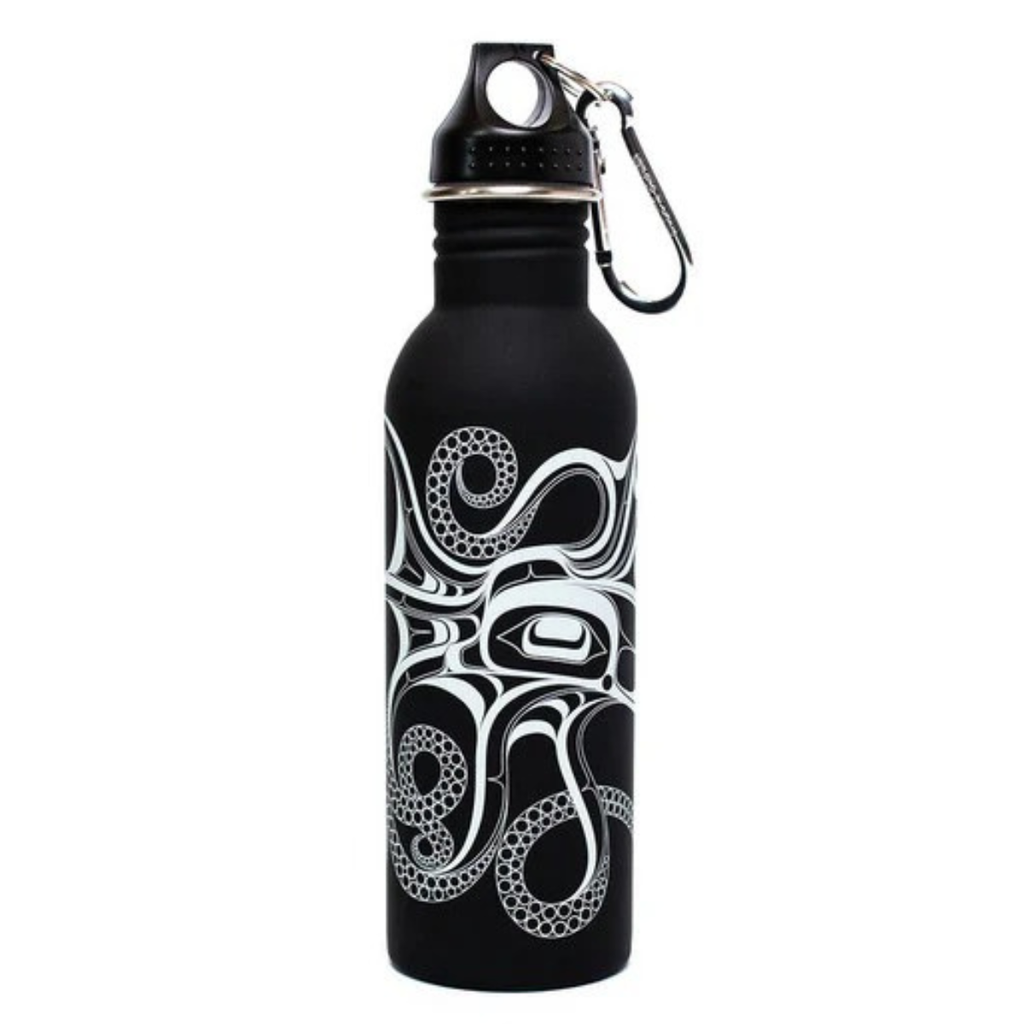 Black water bottle with white tribal design on a white background