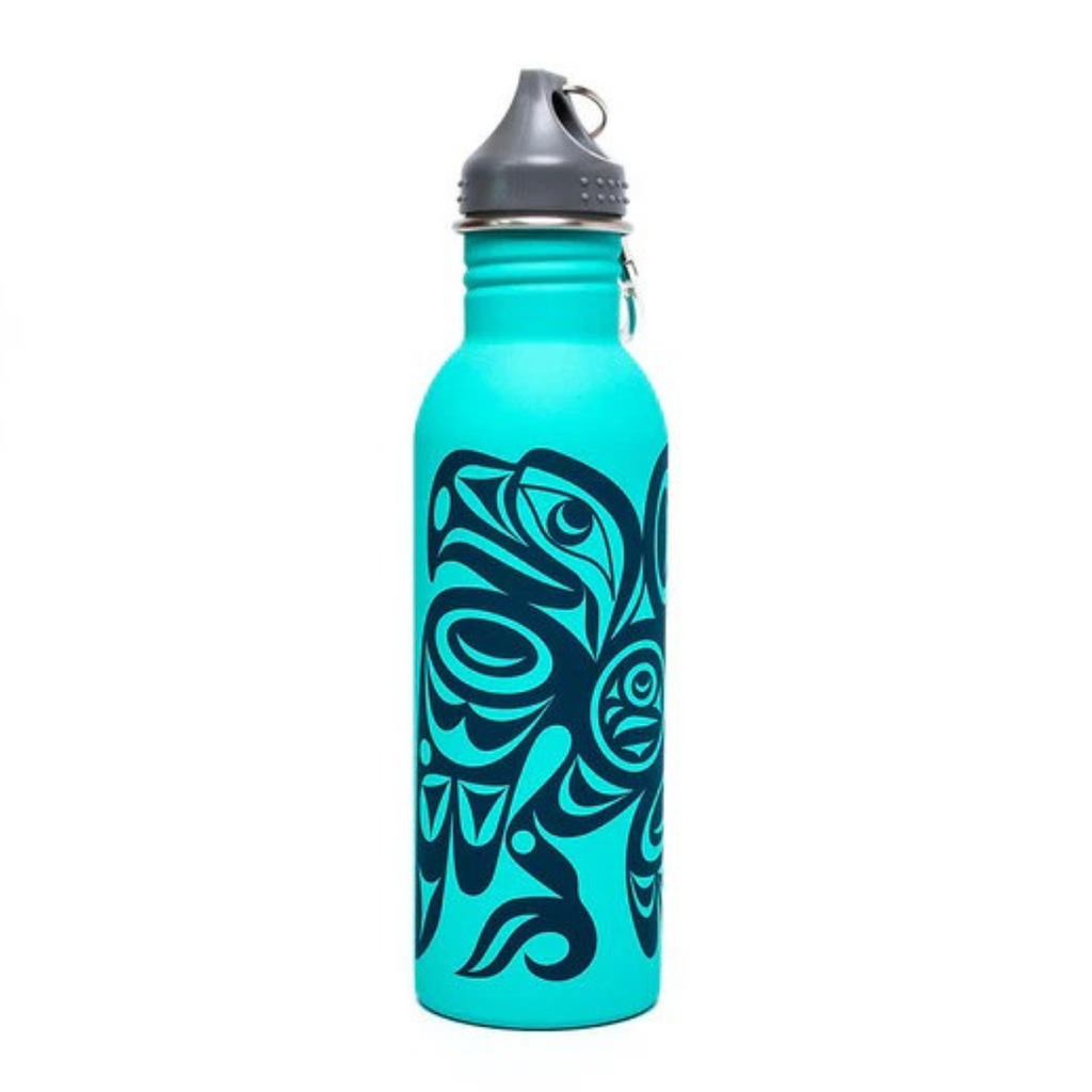 Turquoise water bottle with black tribal design on a white background
