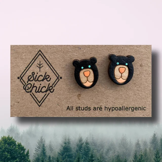 Wood Earrings - Studs - Bear Smile by Sick Chick (Dark Brown)