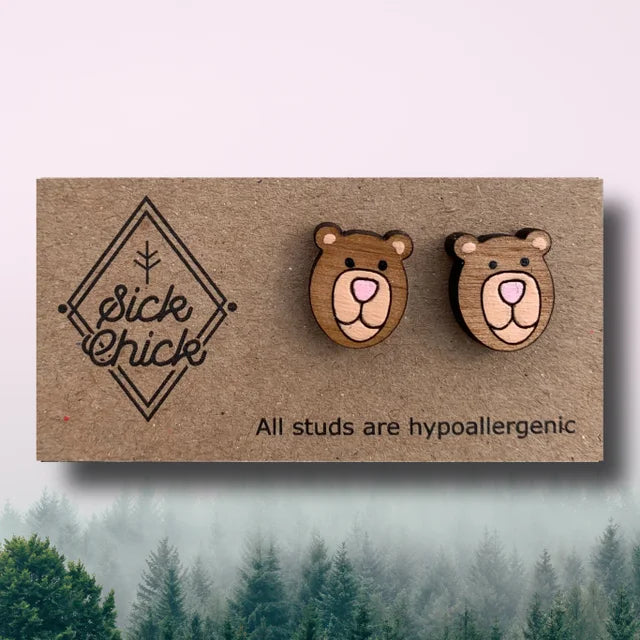 Wood Earrings - Studs - Bear Smile by Sick Chick (Light Brown)