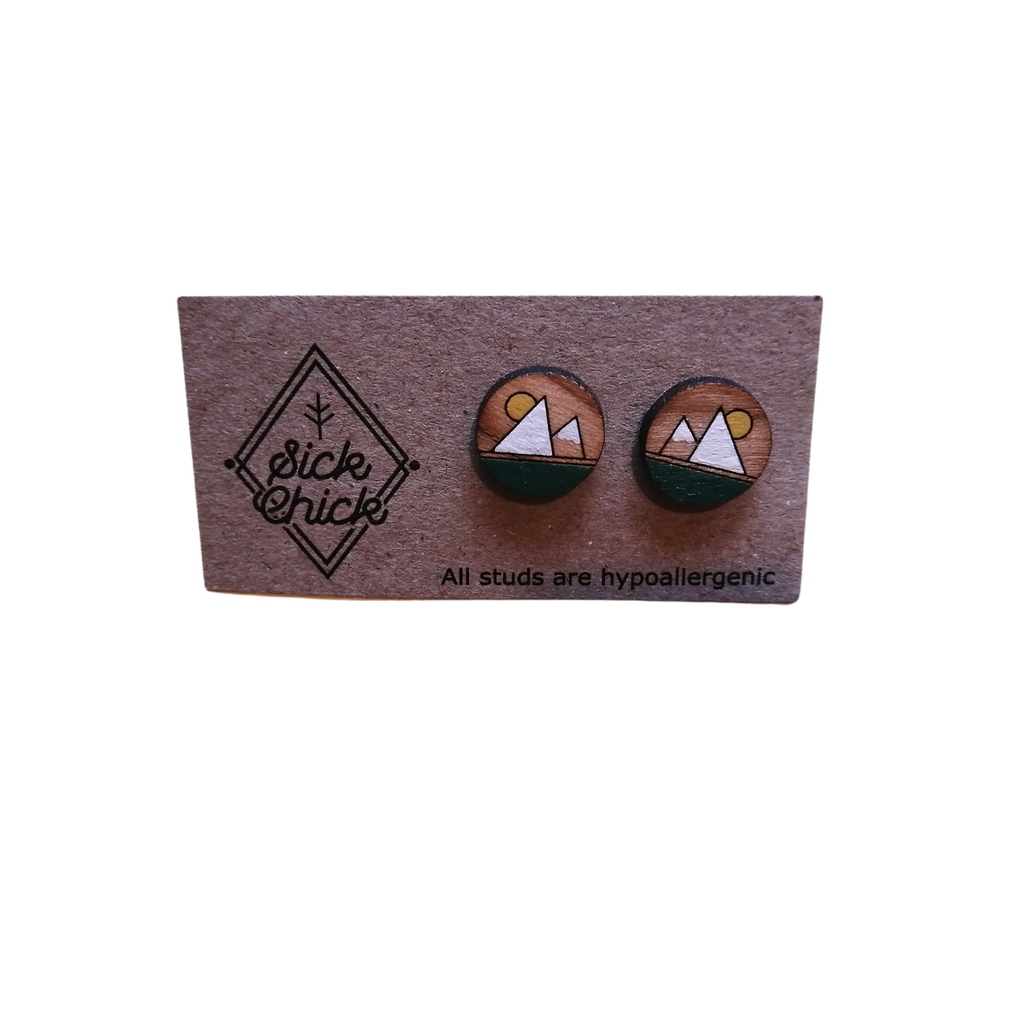Wood Earrings - Studs - Sunrise Mountains1 by Sick Chick