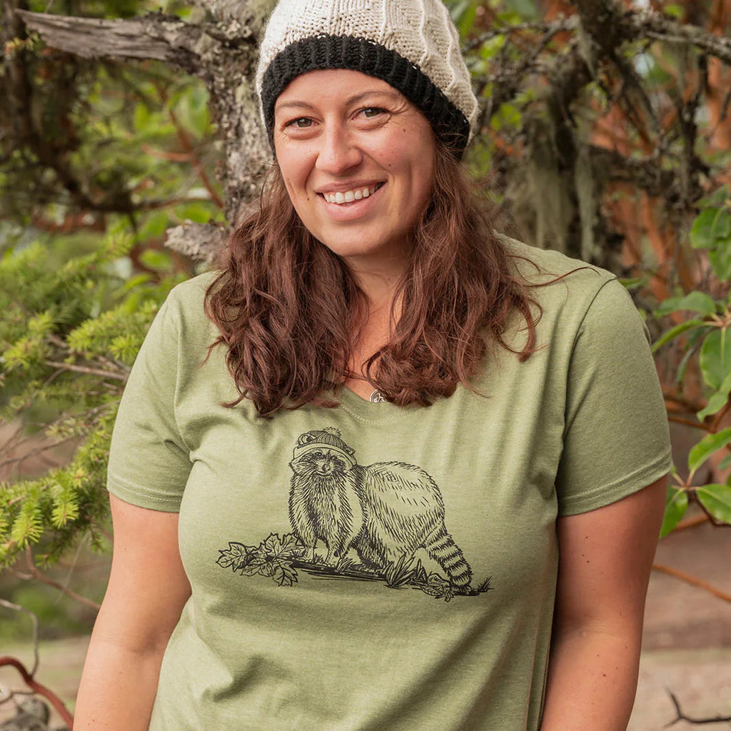 BC T-Shirt - Racoon by Kindred Coast (Women's, Heather Army Green)