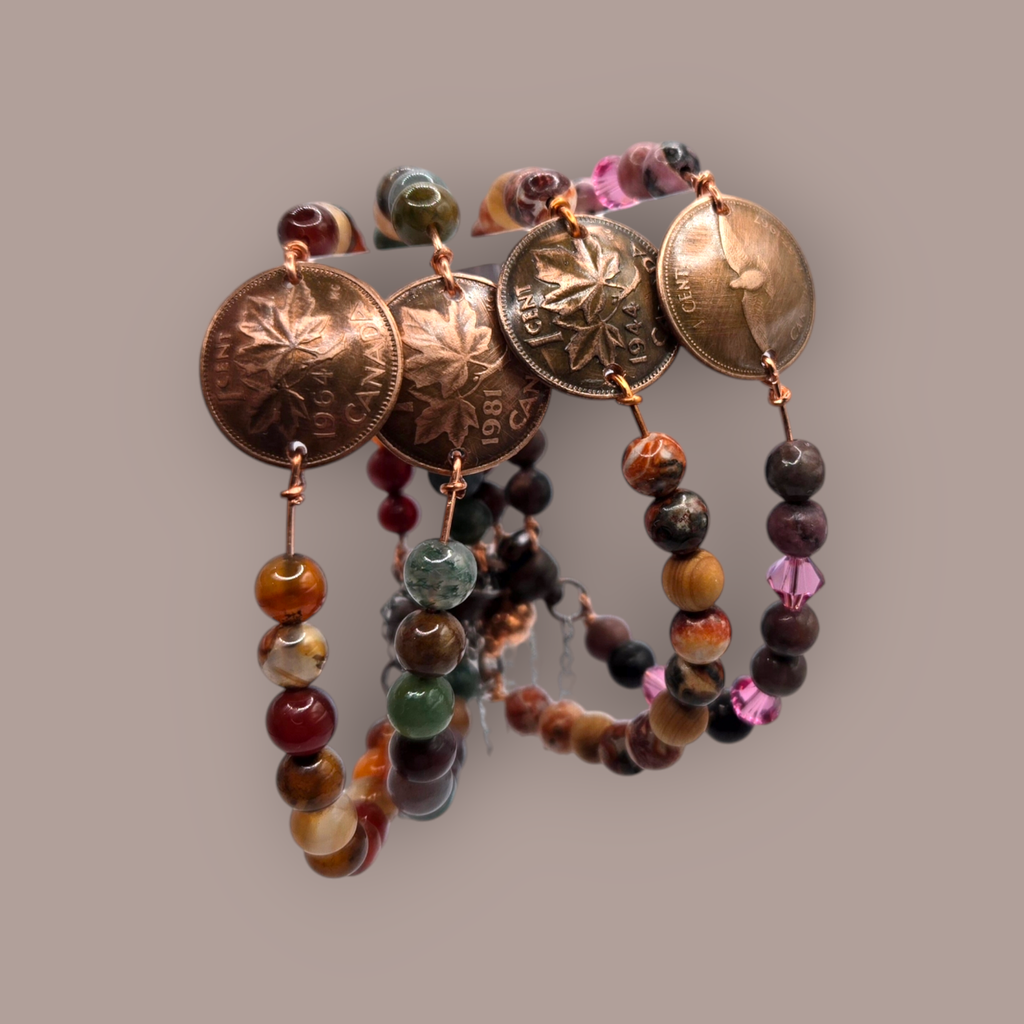 Penny and gemstone bracelets: Neutrals