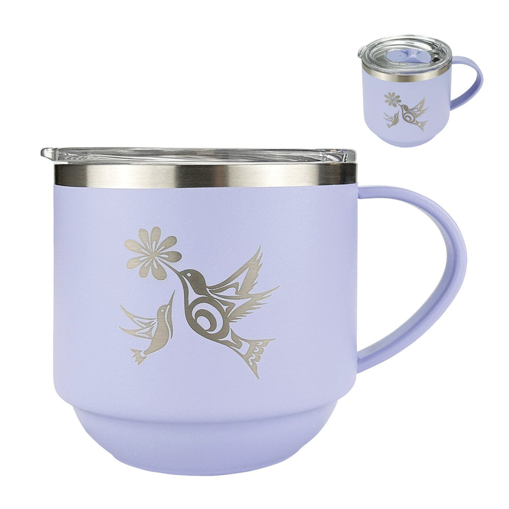 Stackable Travel Coffee Mug with Handle 11 oz - Hummingbirds by Nicole La Rock front and upper view