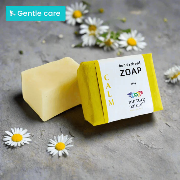 Natural Soap Bar - Calm by Nurture With Nature (168 g), handcrafted lavender, Roman chamomile, and clary sage soap made in Vancouver, British Columbia - with yellow packaging