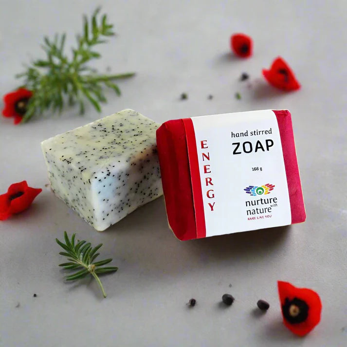 Natural Soap Bar - Energy by Nurture With Nature (168 g), handcrafted peppermint, rosemary, and basil soap with poppy seeds made in Vancouver, British Columbia - with red packaging