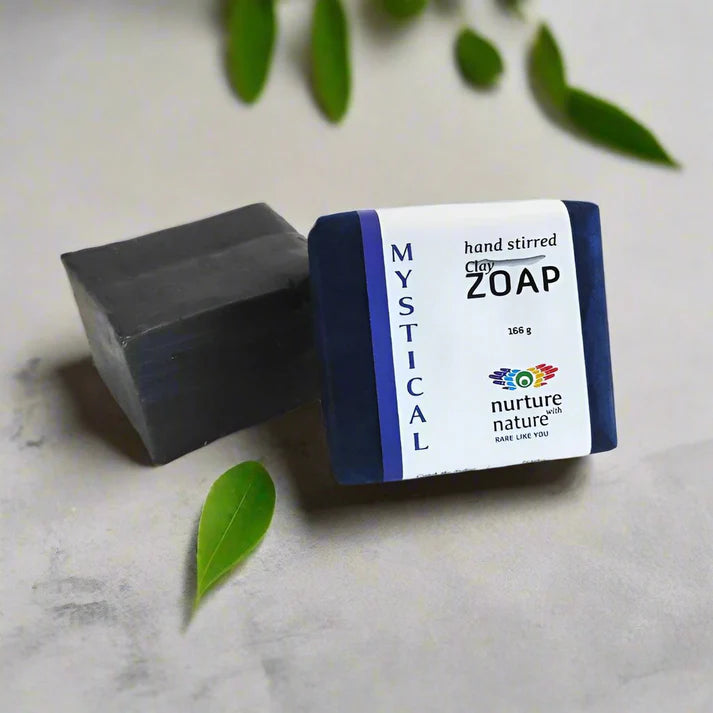 Natural Soap Bar - Mystical by Nurture With Nature (168 g), handcrafted tea tree and patchouli soap with activated charcoal made in Vancouver, British Columbia - with blue packaging