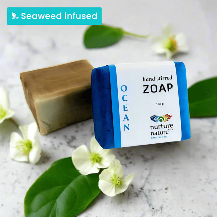 Natural Soap Bar - Ocean by Nurture With Nature (168 g), handcrafted seaweed soap with lavender and basil made in Vancouver, British Columbia - with blue packaging