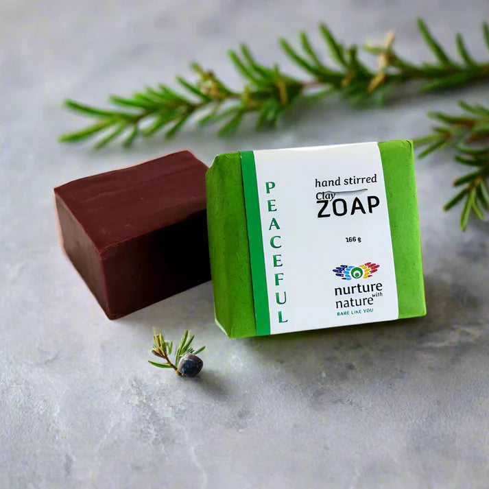 Natural Soap Bar - Peaceful by Nurture With Nature (168 g), handcrafted lavender, rosemary, and pine soap with Australian red clay made in Vancouver, British Columbia - with green packaging