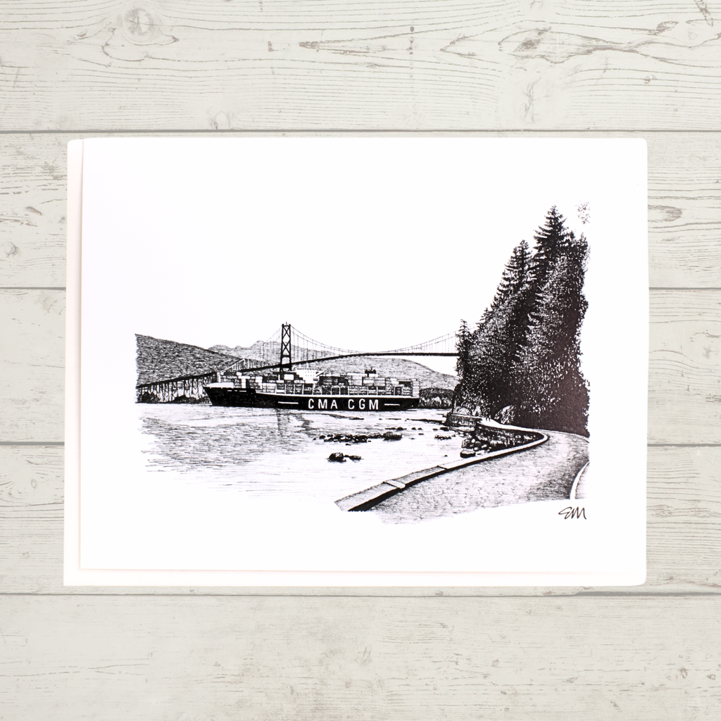 Vancouver Greeting Card - Lions Gate Bridge & Tanker by Elaine Morrow