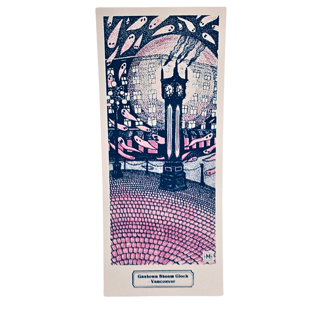 Vancouver Postcard - Gastown Steam Clock by Melisse Carron (Dark Blue & Pink)