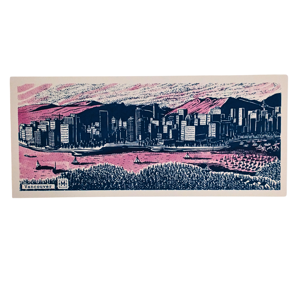 Vancouver Postcard - Skyline & Mountains by Melisse Carron (Dark Blue & Pink)