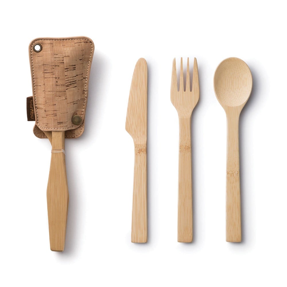 Bamboo Travel Utensil Set - Fork & Spoon & Knife in Cork Case