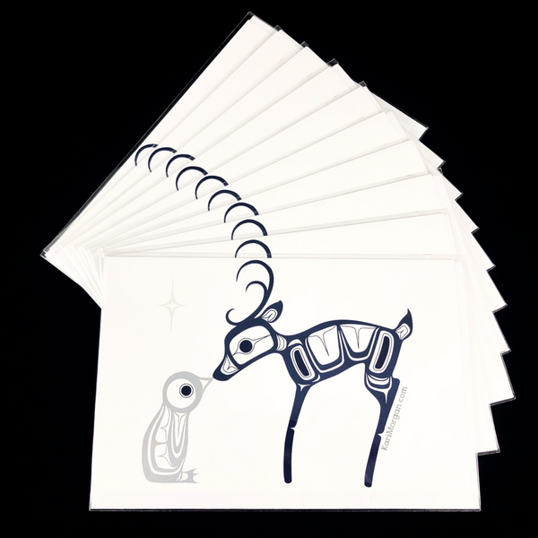 Greeting Card - Christmas Deer & Penguin in Blue by Kari Morgan (K'alaajex)-Card-Kari Morgan Designs-[authentic indigenous design]-[native art Christmas card]-[best bc gift]-All The Good Things From BC