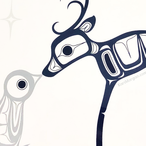 Greeting Card - Christmas Deer & Penguin in Blue by Kari Morgan (K'alaajex)-Card-Kari Morgan Designs-[authentic indigenous design]-[native art Christmas card]-[best bc gift]-All The Good Things From BC