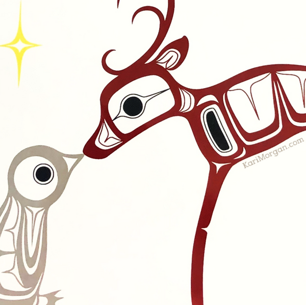 Greeting Card - Christmas Deer & Penguin in Red by Kari Morgan (K'alaajex)-Card-Kari Morgan Designs-[authentic indigenous design]-[native art Christmas card]-[best bc gift]-All The Good Things From BC