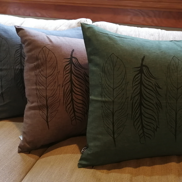 Hemp Pillow Cover 18x18 - Four Feathers by Totem Design House (Warm Brown)-Pillow Case-Totem Design House-[designed in bc]-[authentic indigenous]-[canada native art]-All The Good Things From BC