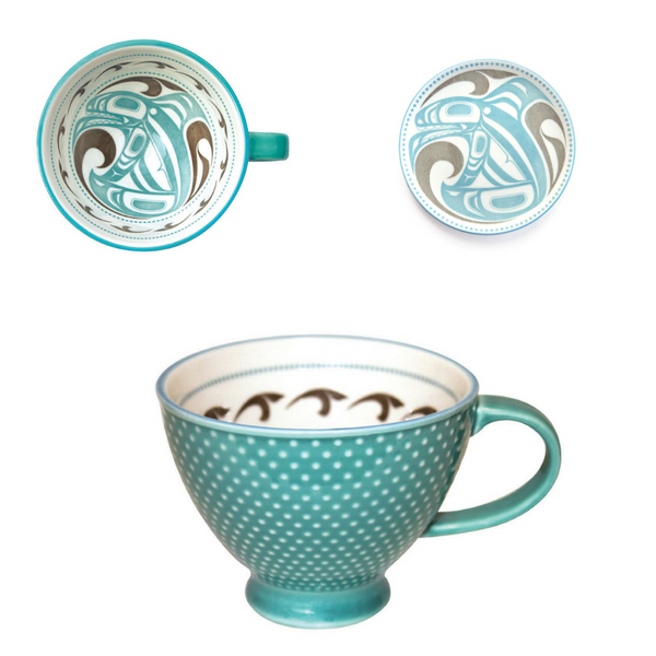 Porcelain Coffee Mug & Plate Set - Killerwhale by Trevor Angus (Tka'ast)-Native Northwest-[authentic indigenous design]-[native artist canada]-[bc gift]-All The Good Things From BC