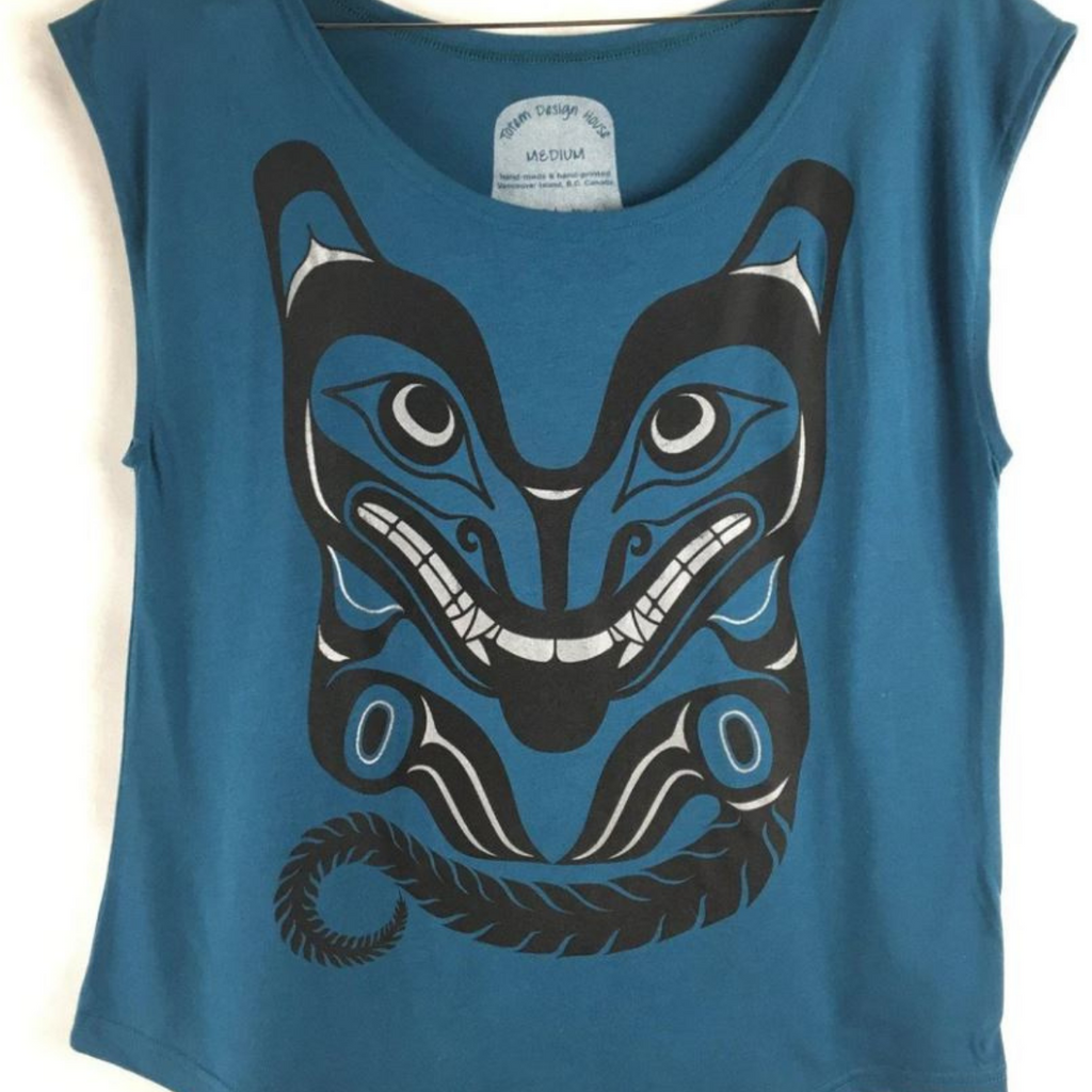 Women's T-Shirt - Wolf by Jesse Brillon -Teal - Totem Design House - All The Good Things From BC - Haida - Kwigwatsi Studio K'omoks First Nation - Rez Biz -  British Columbia - Ladies