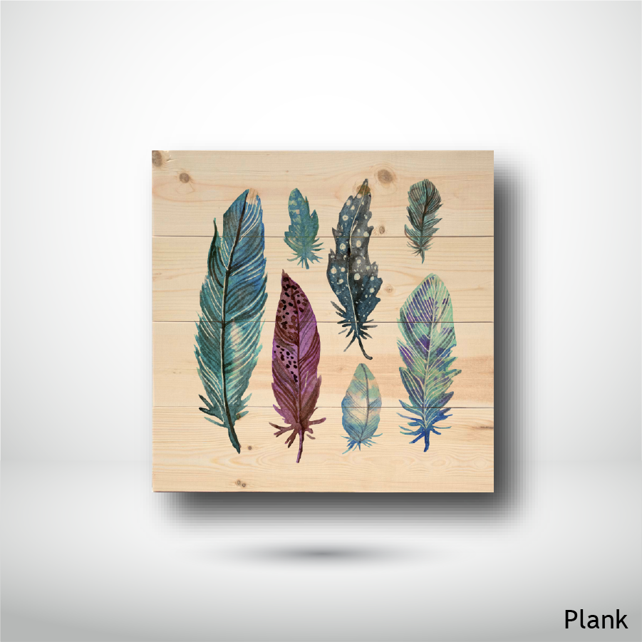 Wood Wall Art Print - Abstract Feathers (14x14, Plank)