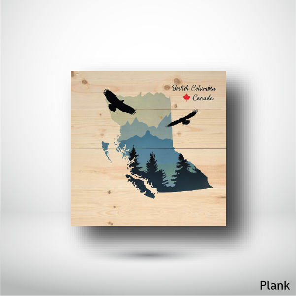 Wood Wall Art Print -  BC Map with Soaring Eagles (14x14, Plank)