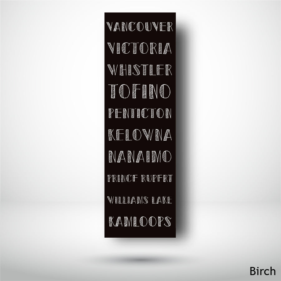 Wood Wall Art Print - Top 10 Cities of BC (7x21, Birch)