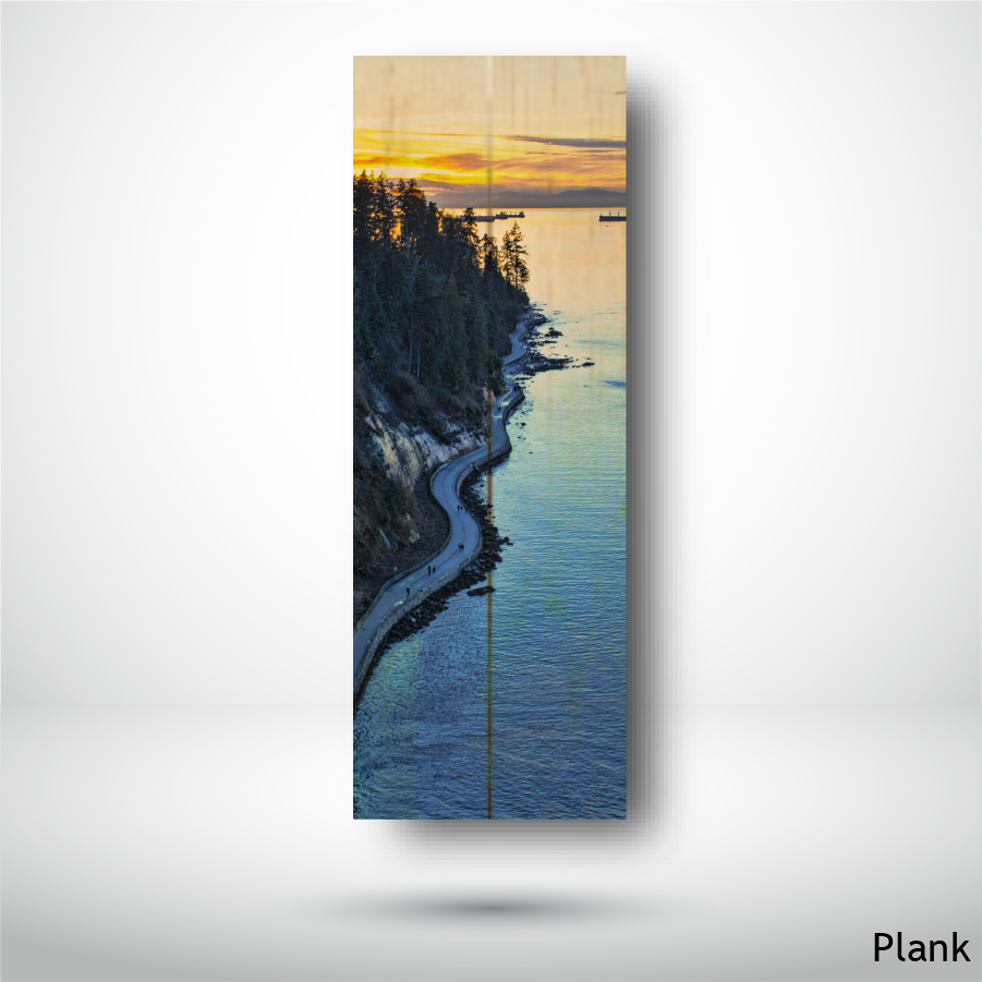 Wood Wall Art Print - Sunset on the Sea Wall, Vancouver BC (7x21, Plank)