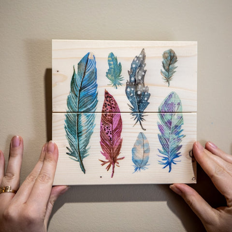 Wood Wall Art Print - Abstract Feathers (7x7, Plank)
