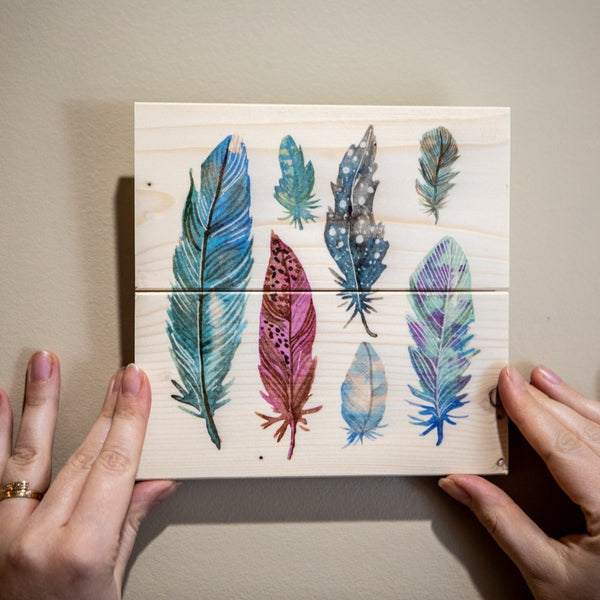 Wood Wall Art Print - Abstract Feathers in Blue (7x7, Plank)
