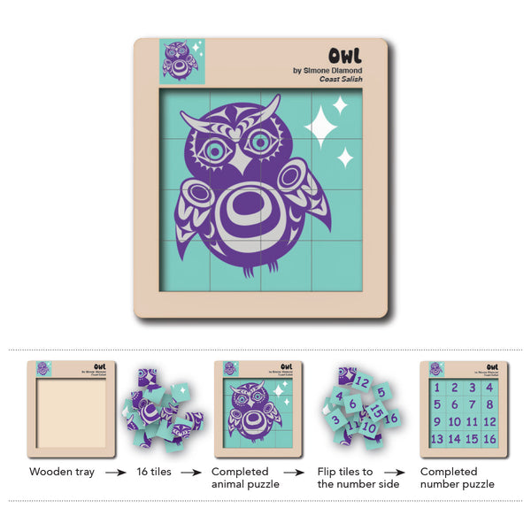 Wooden Puzzle - Owl by Simone Diamond (double sided tile puzzle for kids)-Puzzle-Native Northwest-[kids game]-[locally designed in bc]-[best gift for kids]-All The Good Things From BC